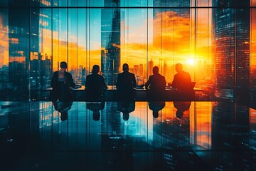Modern Boardroom Cityscape Sunset Meeting