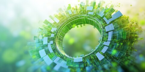 Sustainable technology ring, circular chart with green and electric blue bars, soft eco-tech background, environmental innovation visualization