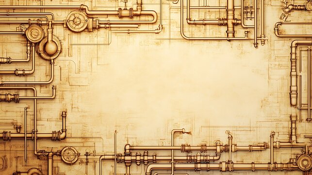 Vintage gold pipes frame on grunge background.
