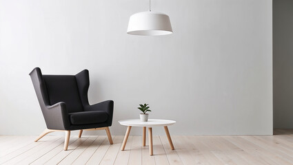 Modern living room interior design featuring comfortable armchair and coffee table