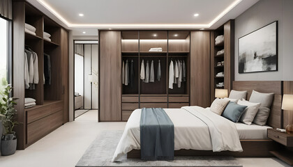 A modern bedroom design with an attached bathroom and built-in wardrobe, offering functionality and luxury in a seamless layout.