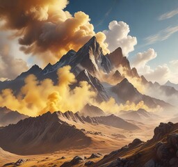 Fototapeta premium Clouds of yellow smoke swirling above a rugged mountain range, foggy sky, rugged mountains