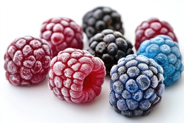 Frozen raspberries and blackberries covered with hoarfrost on white background