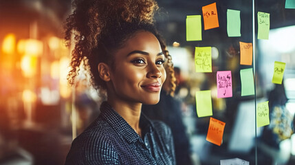 Young startup team manager brainstorming with colorful sticky notes on glass wall