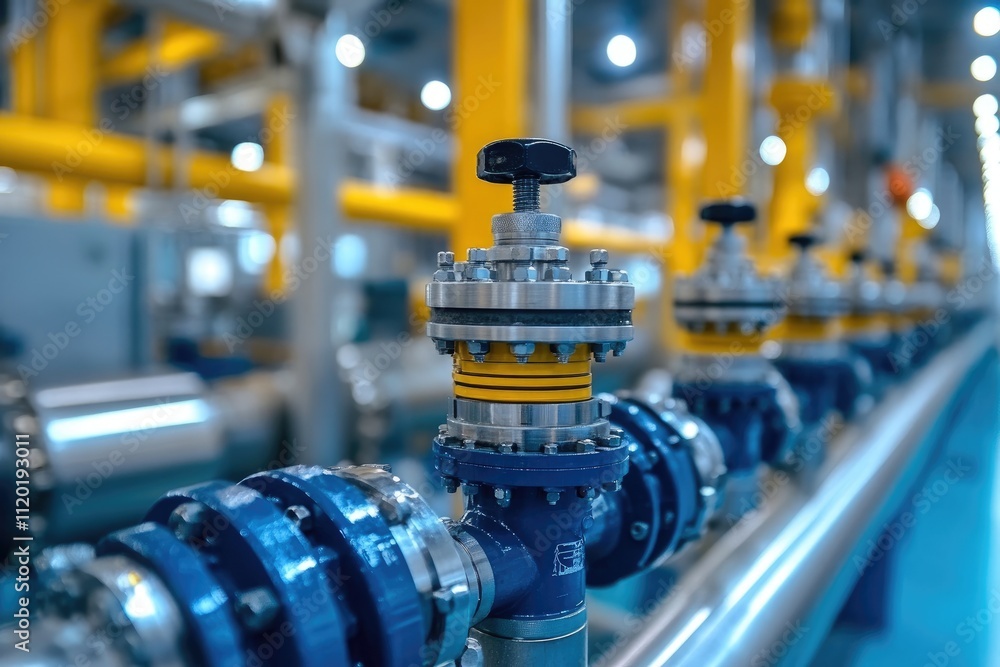 Poster Industrial valves regulating flow in a complex pipeline system