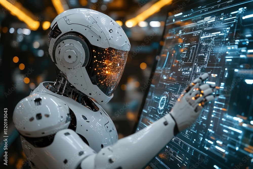 Leinwandbilder advanced futuristic robot working with holographic control panel in digital space
