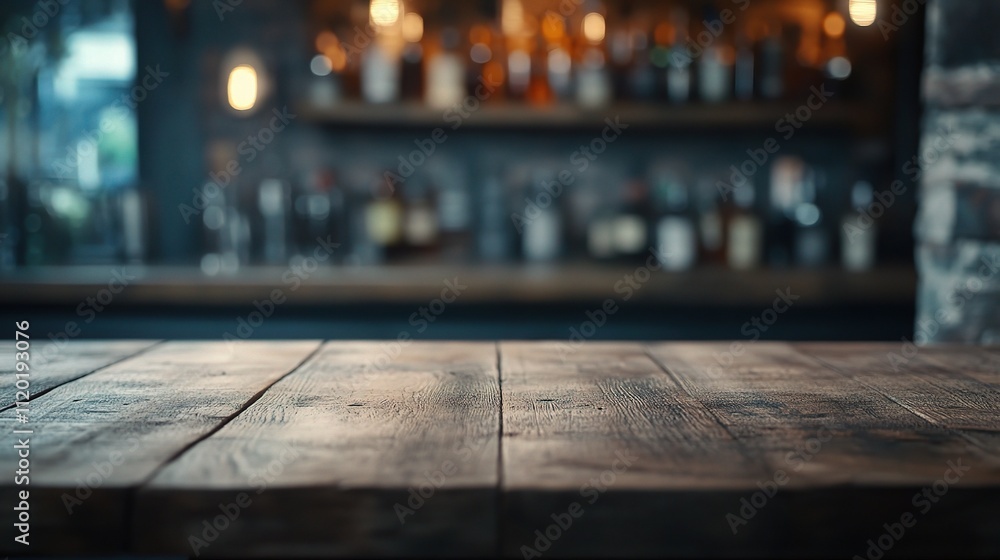 Poster empty wooden table in focus with bar bottles in background