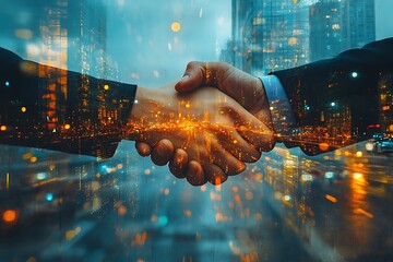 Modern Business Partnership Glowing City Dealmaking