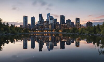 Obraz premium Reflections of the Anchorage Downtown Skyline in a calm lake or pond, creating a serene atmosphere , Skyline, Downtown