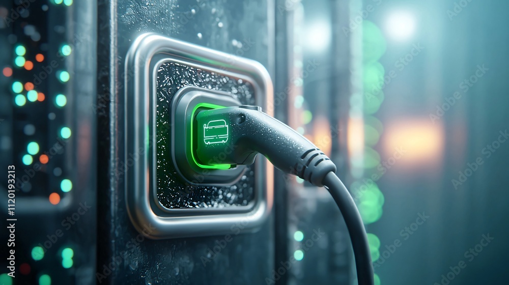 Poster charging port with green indicator glowing in a futuristic environment.