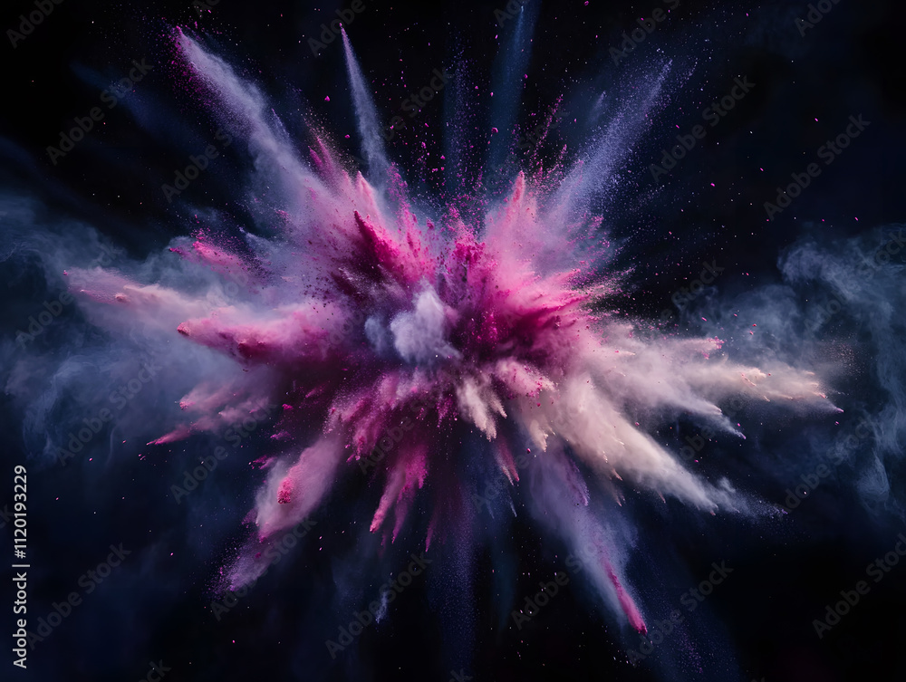 Poster dynamic explosion of colorful powder abstract art digital composition dark background surreal viewpo