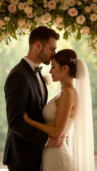 Bride and groom embracing under a floral arch, wedding day,  kiss on forehead

