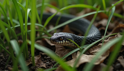 Fototapeta premium Snake slithering through grass in a forest, year symbol, wildlife photography