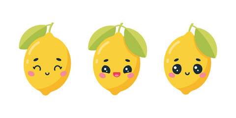 Set of cute kawaii lemons with leaves. Vector illustration on white background.