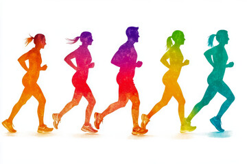 Colorful silhouettes of runners in motion during a sunny day in a park