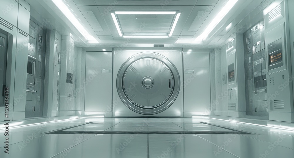 Poster futuristic secure vault with advanced technology and sleek design, illuminated by soft neon lights, 