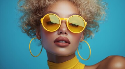Stylish woman in yellow sunglasses with a vibrant blue background