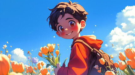 kawaii anime cartoon spring season blooming flower Meadow and mountain forest happy day background