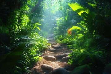 Fototapeta premium Sunbeams lighting lush tropical jungle path