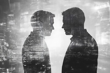 Modern Business Partnership Night City Silhouette Handshake