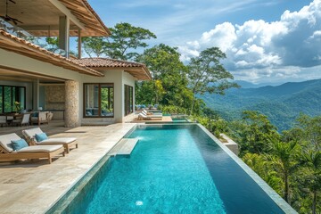 Fototapeta premium Luxurious infinity pool overlooking tropical rainforest mountains in modern villa