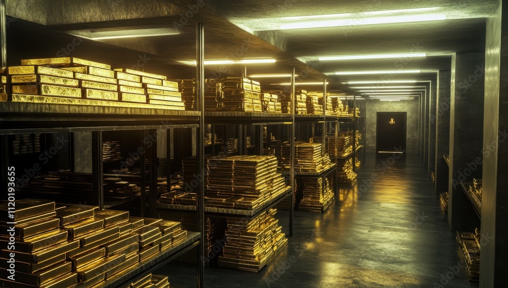 Poster golden bar storage room with shiny shelves and dim lighting, showcasing wealth in a secure vault wit
