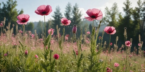 Obraz premium Sunlit image of tall oat plants with vibrant pink poppy flowers in the foreground, bright colors, tall grass, sunlit oats