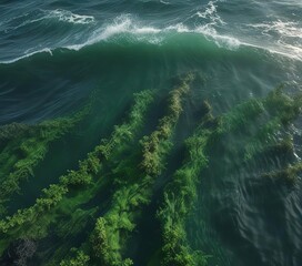 Obraz premium Seaweed and kelp swaying in the ocean currents forming a green wave pattern, wave, underwater