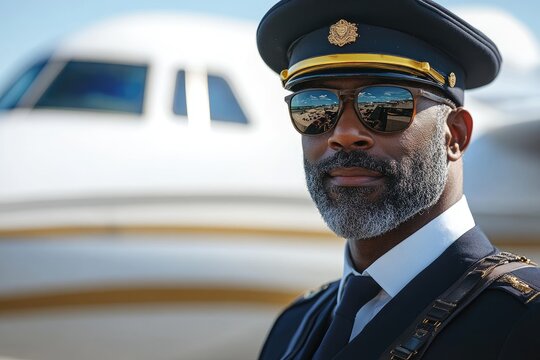 Confident african american pilot wearing sunglasses and uniform posing in front of private jet