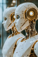 Futuristic robotic figures display advanced technology in a modern setting