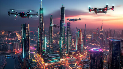 Fototapeta premium Futuristic City with Drones. Concept of advanced technology, urban development, and aerial transportation.