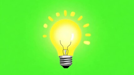 Lightbulb cartoon on green screen. Idea,creative inspiration animation chroma key. Hand drawn sketch light bulb animation and Green screen, represents emerging an idea. Business