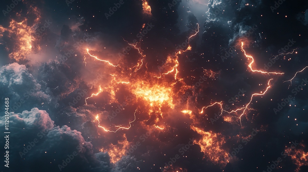 Poster dynamic lightning explosion in abstract background with dark clouds