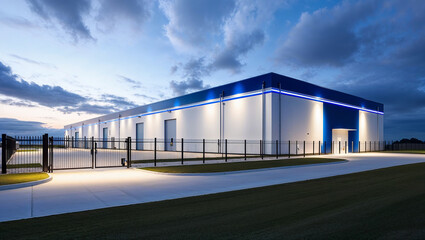 Modern industrial building exterior with blue accents at dusk