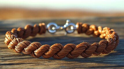 Obraz premium A brown braided leather bracelet rests on a wooden surface.