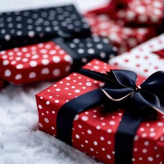 Fototapeta premium Colorful wrapped gifts in red and black with white polka dots, perfect for celebrations and festive occasions.