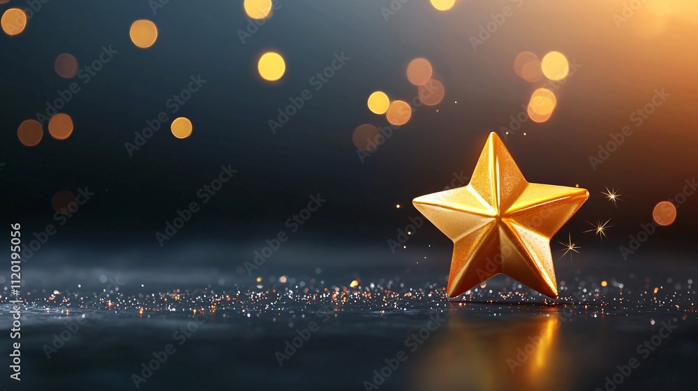 Poster golden star on a shimmering background with bokeh lights.