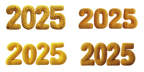different yellow knitted numbers 2025 on white background