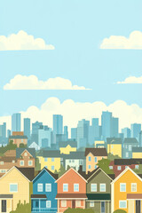 Obraz premium Colorful houses in foreground with a modern skyline in the background on a clear day