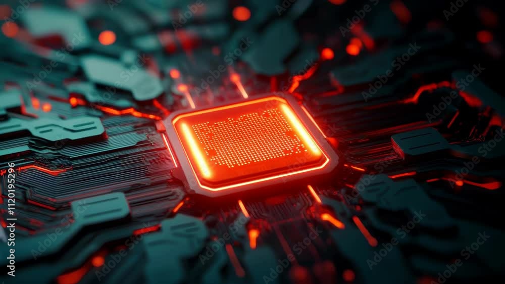 Poster a close-up of a glowing microchip on a dark circuit board, showcasing intricate details and vibrant 
