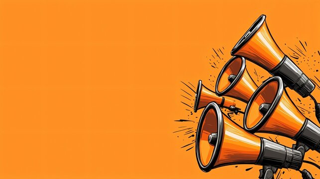 Colorful megaphones against an orange background.