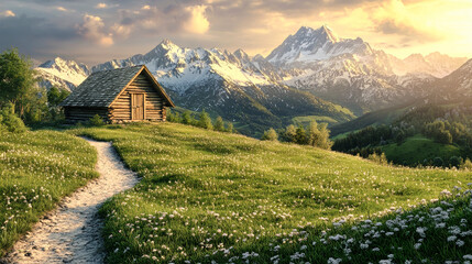 Breathtaking wooden cabin nestled in serene mountains at dawn, surrounded by lush meadows and majestic snow-capped peaks - Powered by Adobe