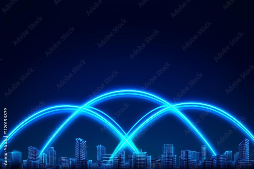 Poster abstract city skyline with glowing blue lines representing connection and network.