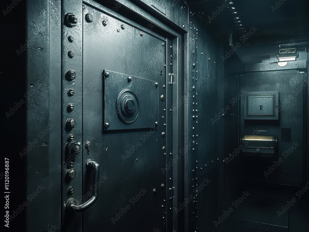 Poster intricate close-up of a secure vault door with metallic textures and unique design in a dimly lit co
