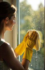 Woman in yellow rubber gloves washes dirty window on sunny summer day, house cleaning, cleaning service, window washing