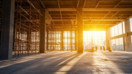 Obraz premium Sunlit interior of a building under construction, showing scaffolding, concrete structure, and workers.