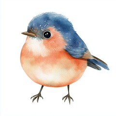 A cute watercolor illustration of a small forest bird bullfinch. A watercolor bird is isolated on a white background. Nomadic bird, eurasian bullfinch pyrrhula, blue and orange color, design element