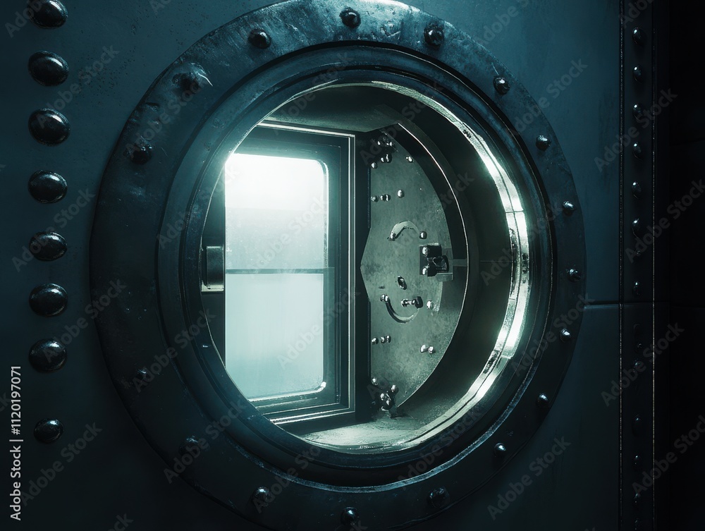Poster intricate design of a submarine porthole with silver frame, creating an atmospheric depth and light 