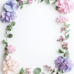 Floral frame with pastel hydrangeas and greenery on white