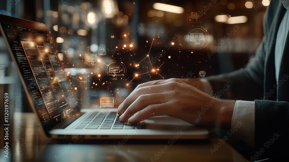 Poster hands using laptop with big data search concept in modern workspace